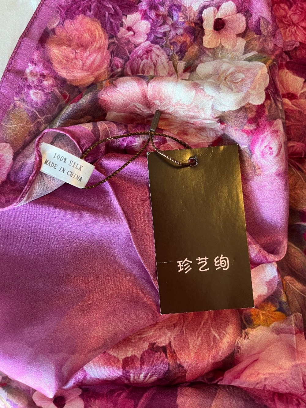 NWT - 100% Pure Mulberry Silk Square Scarf - Watercolor Floral Peony Pink